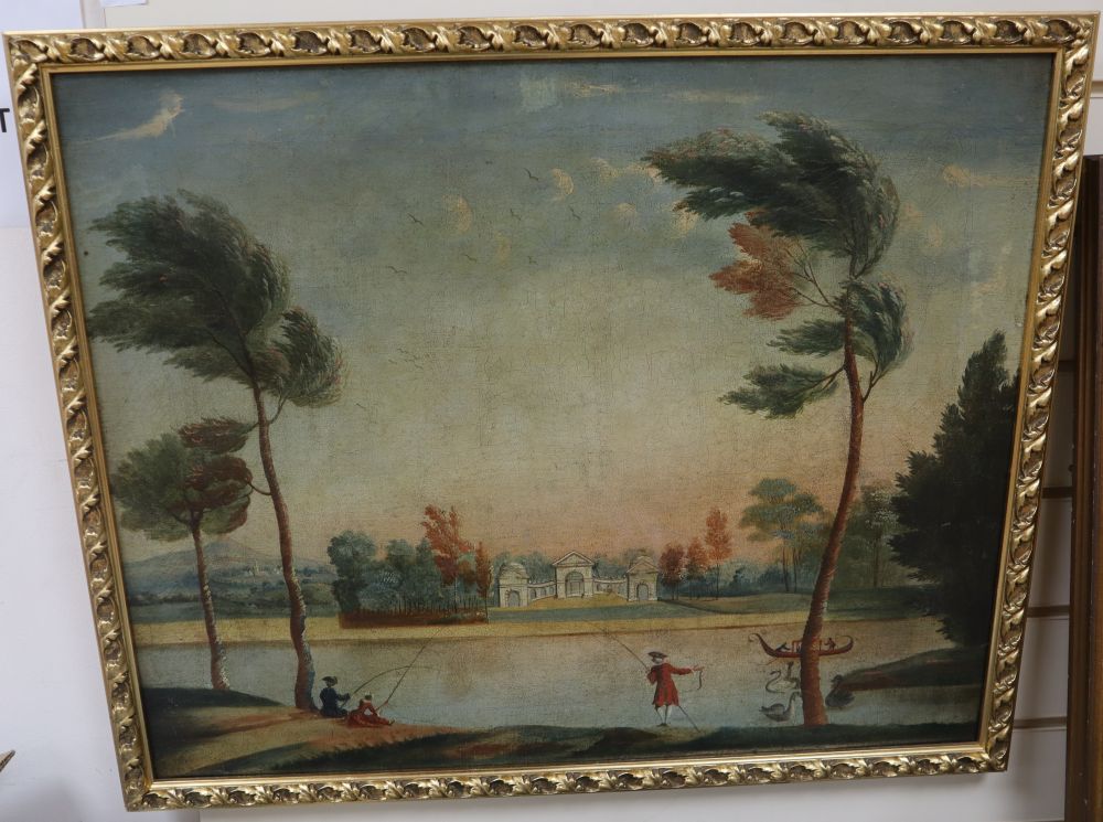 Late 19th century English School, oil on canvas, Cappricio scene with Georgians fishing in a lake, 52 x 65cm